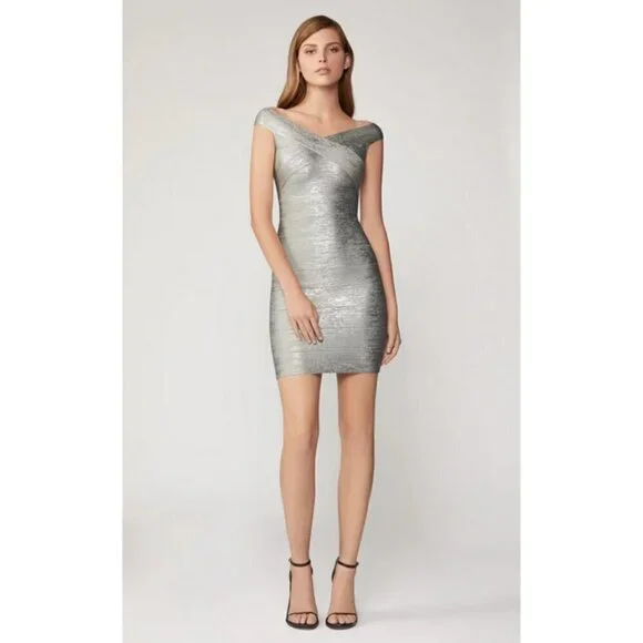 💕HERVE LEGER💕 Criss Cross Foil Bandage Dress ~ Silver Foil Large L NWT - Picture 2 of 16